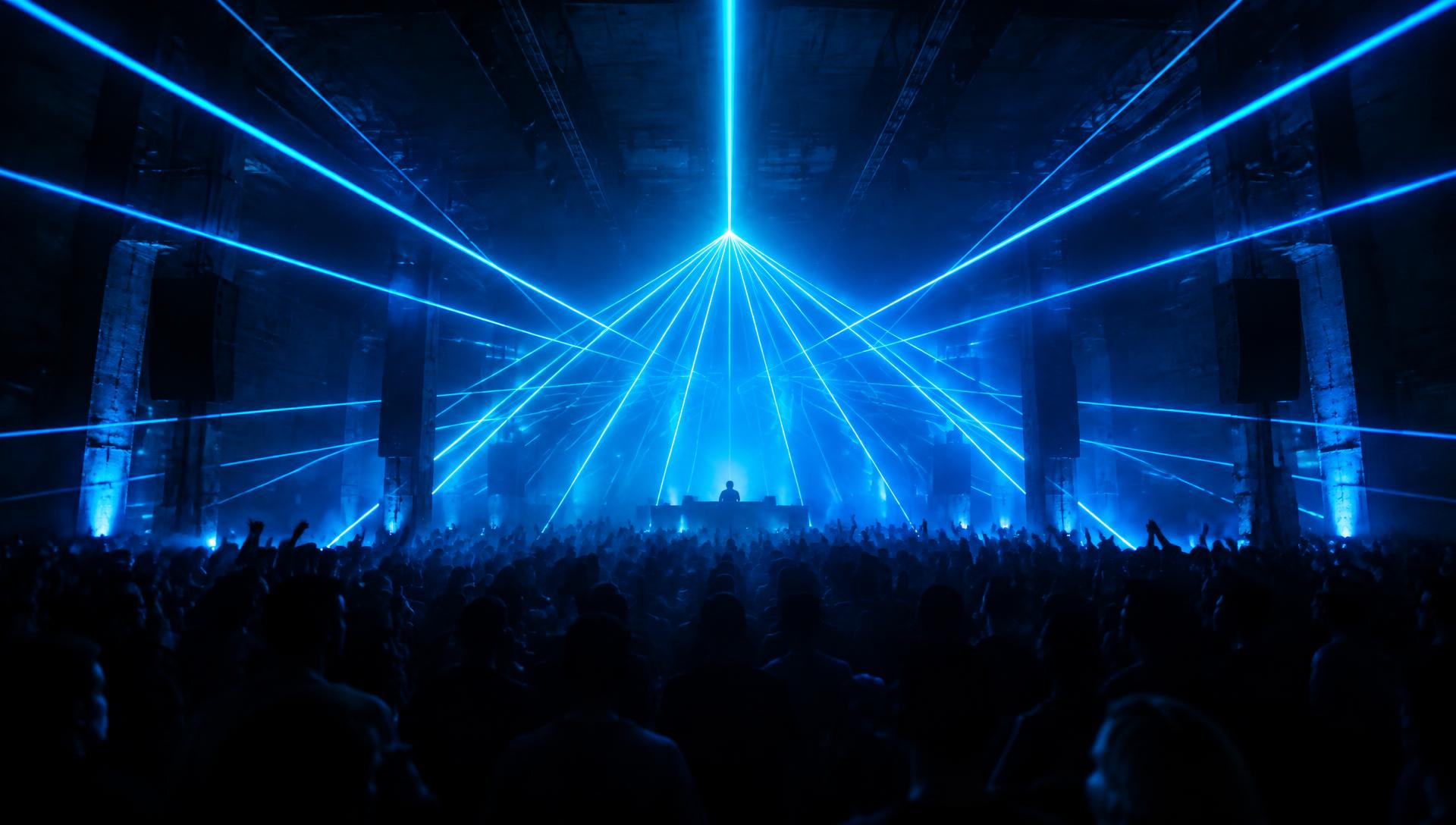 Lasers converging over a techno crowd